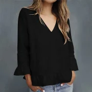 Wholesale Breathable Elastic Linen Cotton Long Sleeve V Neck T-Shirt Customize Buttons Women's Top - Image 4
