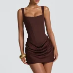Custom Bandage Back Square Collar Sleeveless Mini Dress for Women Pleats Slim Fit Body-con Solid Plain Dress