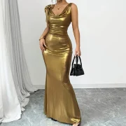Custom Sexy Halter Sleeveless V Neck Tie Bow Satin Sheath Dress Slimming Fit Maxi Long Dress - Image 3