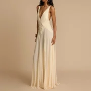 Women's Summer Deep V Neck Sleeveless Backless Floor-Length Beige Chiffon Wedding Maxi Dress - Image 3