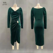 Women's Solid Color Long Sleeve V Neck Dress Softy Velvet Pleated Slim Fit Midi Dress - Image 6