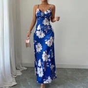 Custom Sexy Halter Sleeveless Flower DTG Prints V Neck Tie Bow Sheath Dress Slimming Fit Maxi Long Dress - Image 4