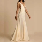 Women's Summer Deep V Neck Sleeveless Backless Floor-Length Beige Chiffon Wedding Maxi Dress - Image 4