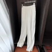 Women's Linen Cotton Blend Pants Full Length Wide Leg Casual Straight Trousers with Drawstring High Waist Breathable Loose Fit - Image 2