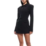 Custom Polo Neck Long Sleeve Empire Slim Casual A-Line Pockets Dress Commuting Robe Office Lady's Elegant Solid Mini Dress