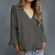 Wholesale Breathable Elastic Linen Cotton Long Sleeve V Neck T-Shirt Customize Buttons Women's Top - Image 5
