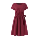 Women's O Neck Casual Dress Short Sleeve Polyester A-Line Above Knee Dress Front Buttons Tie Waist Dress