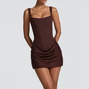Custom Bandage Back Square Collar Sleeveless Mini Dress for Women Pleats Slim Fit Body-con Solid Plain Dress - Image 3