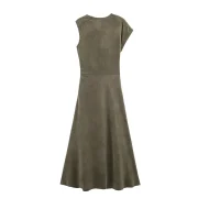 Autumn Summer Women's Clothing Suede Effect Asymmetrical Natural Waist Retro Casual Elegant Breathable Midi Dress - Image 3