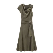 Autumn Summer Women's Clothing Suede Effect Asymmetrical Natural Waist Retro Casual Elegant Breathable Midi Dress - Image 2