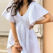 New Spring Arrivals Latest Linen Clothes Wholesale 2023 Girl Clothing Women Linen Dress European V Neck Flared Sleeve White - Image 3