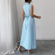 Women's V-Neck Tie Waist Party Evening Dress Sleeveless Polyester A-Line Maxi Dress - Image 2