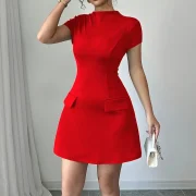 Vintage O-Neck Flying Sleeve Empire Slim Casual A-Line Pockets Dress Commuting Robe Office Lady's Elegant Solid Mini Dress - Image 4