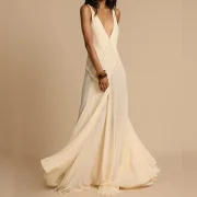 Women's Summer Deep V Neck Sleeveless Backless Floor-Length Beige Chiffon Wedding Maxi Dress - Image 5