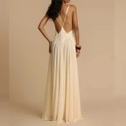 Women's Summer Deep V Neck Sleeveless Backless Floor-Length Beige Chiffon Wedding Maxi Dress - Image 2