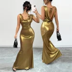Custom Sexy Halter Sleeveless V Neck Tie Bow Satin Sheath Dress Slimming Fit Maxi Long Dress