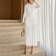 Women's Solid Color Long Sleeve Ankle-Length Dress High Collar Pleated Slim Fit Maxi Dress - Image 4
