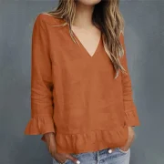 Wholesale Breathable Elastic Linen Cotton Long Sleeve V Neck T-Shirt Customize Buttons Women's Top