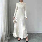 Custom Long Sleeve Boat Neck Dress Pleats A-Line Slim Waist Women Maxi Dress - Image 3