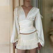 Custom Solid Tie Bow Blouse Shirt for Women Breathable Long Sleeve V Neck Casual Women Shirt - Image 2