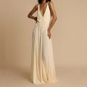Women's Summer Deep V Neck Sleeveless Backless Floor-Length Beige Chiffon Wedding Maxi Dress - Image 6