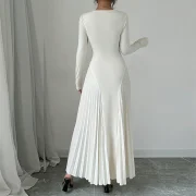 Custom Long Sleeve Boat Neck Dress Pleats A-Line Slim Waist Women Maxi Dress - Image 2