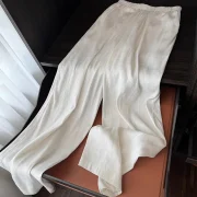 Women's Linen Cotton Blend Pants Full Length Wide Leg Casual Straight Trousers with Drawstring High Waist Breathable Loose Fit