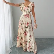Custom Sexy Sleeveless Flower DTG Prints V Neck Tie Bow Pleats Dress Slimming Fit Maxi Dress - Image 3