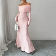 Custom Long Sleeve Casual Dresses One-Shoulder Elegant Slim Fit Flared Women Maxi Dress - Image 2