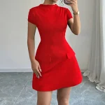 Vintage O-Neck Flying Sleeve Empire Slim Casual A-Line Pockets Dress Commuting Robe Office Lady's Elegant Solid Mini Dress