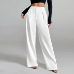Women's Polyester Spandex Blend Pants Full Length Wide Leg Casual Straight Trousers