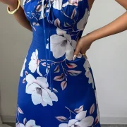 Custom Sexy Halter Sleeveless Flower DTG Prints V Neck Tie Bow Sheath Dress Slimming Fit Maxi Long Dress - Image 5