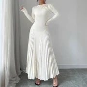 Custom Long Sleeve Boat Neck Dress Pleats A-Line Slim Waist Women Maxi Dress - Image 5