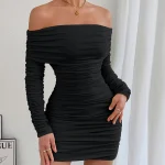 Custom Women's Summer Pleats Material Sexy Sheath Hollow Mesh Off-Shoulder Mini Dress