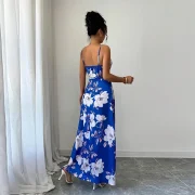 Custom Sexy Halter Sleeveless Flower DTG Prints V Neck Tie Bow Sheath Dress Slimming Fit Maxi Long Dress - Image 2