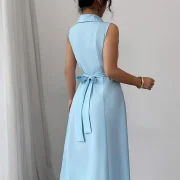 Women's V-Neck Tie Waist Party Evening Dress Sleeveless Polyester A-Line Maxi Dress - Image 5