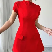 Vintage O-Neck Flying Sleeve Empire Slim Casual A-Line Pockets Dress Commuting Robe Office Lady's Elegant Solid Mini Dress - Image 6