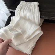 Women's Linen Cotton Blend Pants Full Length Wide Leg Casual Straight Trousers with Drawstring High Waist Breathable Loose Fit - Image 3