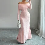 Custom Long Sleeve Casual Dresses One-Shoulder Elegant Slim Fit Flared Women Maxi Dress