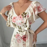 Custom Sexy Sleeveless Flower DTG Prints V Neck Tie Bow Pleats Dress Slimming Fit Maxi Dress - Image 5