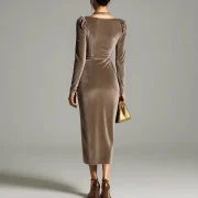 Women's Solid Color Long Sleeve V Neck Dress Softy Velvet Pleated Slim Fit Midi Dress - Image 4