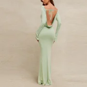 Custom Long Sleeve Backless Dress Slim Fit Waist Straight Women Maxi Dress - Image 2