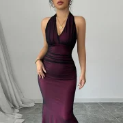 Women's Elegant Skirt Slim Fit Flared Long Dress Halter Backless Dress Gown Breathable Sexy Maxi Dress - Image 4