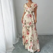 Custom Sexy Sleeveless Flower DTG Prints V Neck Tie Bow Pleats Dress Slimming Fit Maxi Dress - Image 4