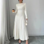 Custom Long Sleeve Boat Neck Dress Pleats A-Line Slim Waist Women Maxi Dress