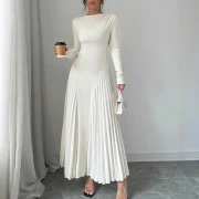 Custom Long Sleeve Boat Neck Dress Pleats A-Line Slim Waist Women Maxi Dress