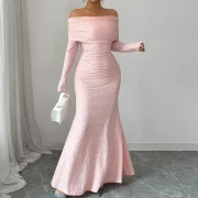 Custom Long Sleeve Casual Dresses One-Shoulder Elegant Slim Fit Flared Women Maxi Dress - Image 4