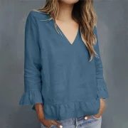 Wholesale Breathable Elastic Linen Cotton Long Sleeve V Neck T-Shirt Customize Buttons Women's Top - Image 2