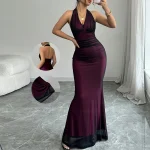 Women's Elegant Skirt Slim Fit Flared Long Dress Halter Backless Dress Gown Breathable Sexy Maxi Dress