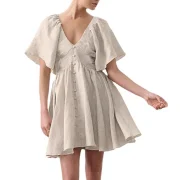 New Spring Arrivals Latest Linen Clothes Wholesale 2023 Girl Clothing Women Linen Dress European V Neck Flared Sleeve White